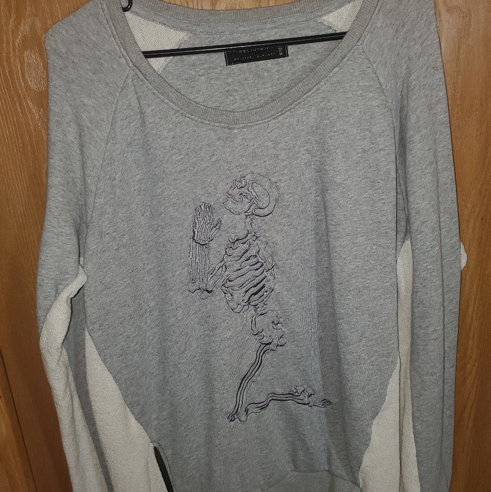 Religion We Live In Black Grey sweatshirt skeleton Medium